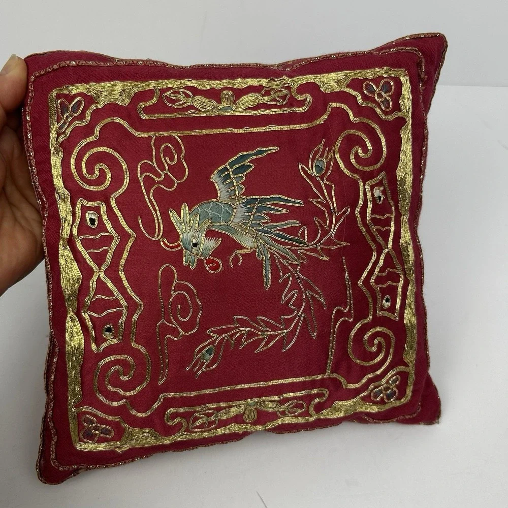 Vintage Red Silk Embroidered Chinese Phoenix Decorative Pillow Gold Thread Asian